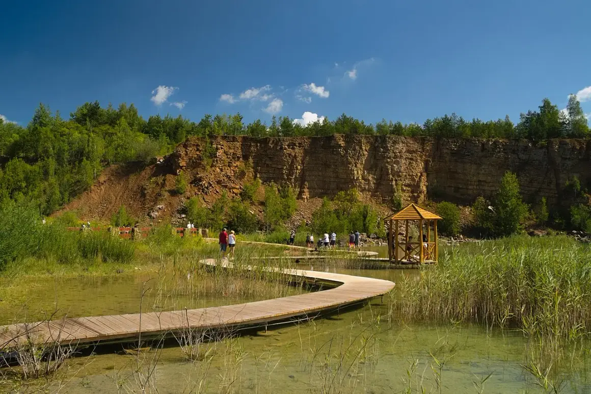 Malowniczy park w Jaworznie z drewnianą kładką wijącą się nad wodą, skalnym zboczem i altanką.
