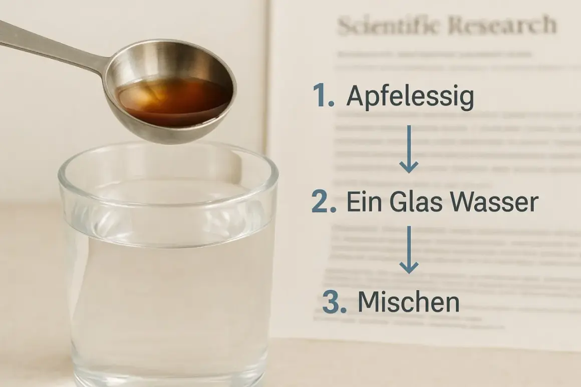 Ein Löffel Apfelessig wird in ein Glas Wasser gegeben. So einfach ist die Zubereitung, um zu sehen, was Apfelessig bringt.