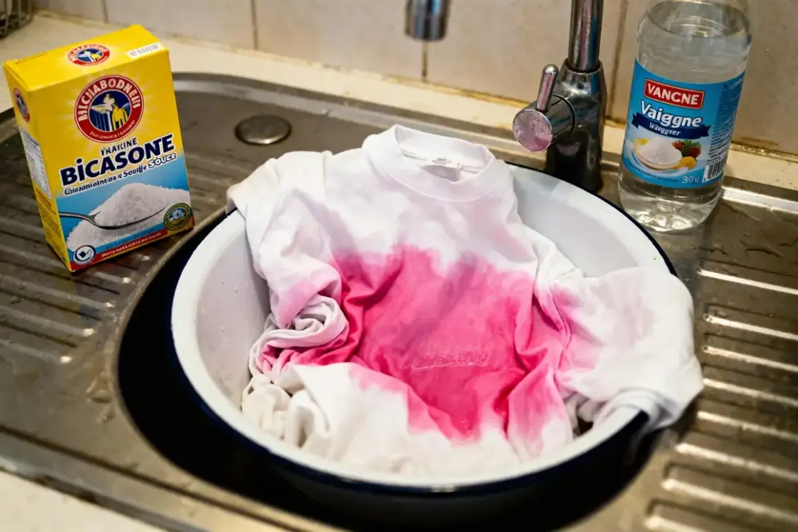 Un t-shirt blanc taché de rose trempe dans une bassine. À côté, une boîte de bicarbonate de soude et une bouteille de vinaigre, une astuce grand-mère pour le linge déteint.