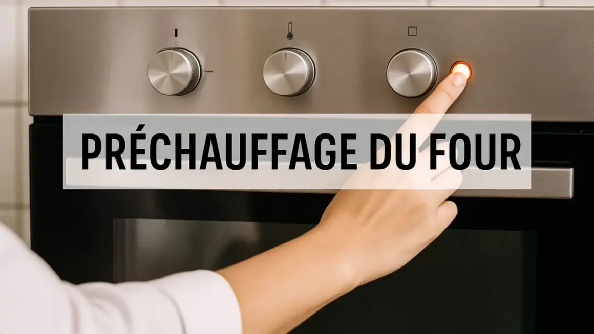 Une main appuie sur le bouton d'un four, indiquant le préchauffage du four.