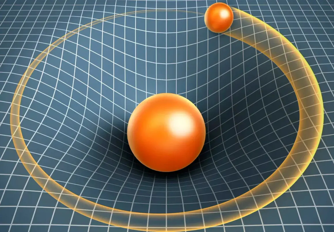 En stor orange sfär böjer ett rutnät, som illustrerar einsteins relativitetsteori. En mindre sfär följer krökningen.