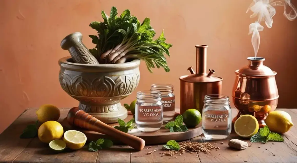 Chrzanówka wódka w słoiczkach, obok cytryny, limonki, mięty i moździerza.