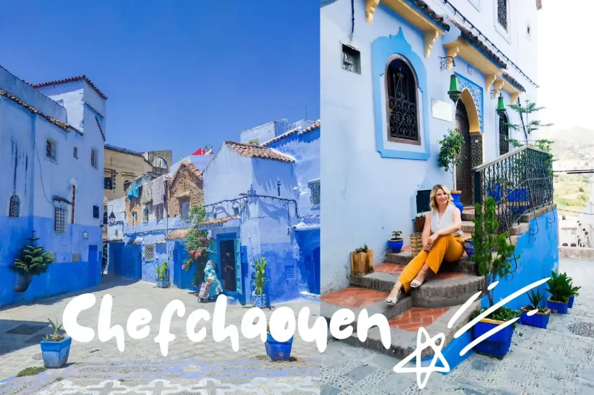 Urokliwe miasto w Maroku, Chefchaouen, zachwyca błękitem uliczek i domów. Kobieta siedzi na schodach, ciesząc się atmosferą.