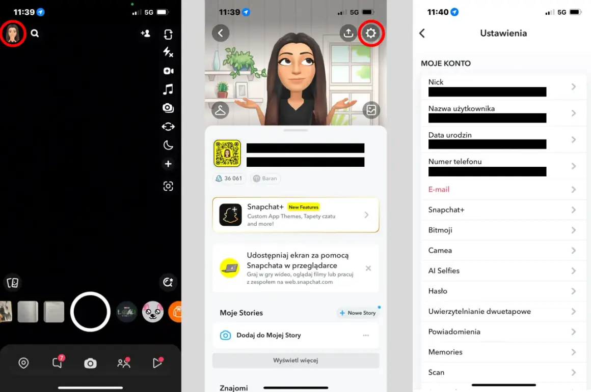Ustawienia konta Snapchata, gdzie można znaleźć informacje o tym, co to jest Snappassa, oraz edytować profil.