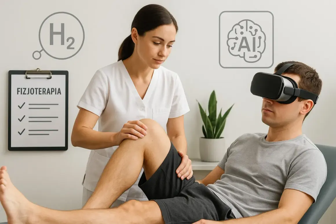 Fizjoterapeuta ocenia kolano pacjenta, który nosi gogle VR. Obok tablica z napisem "FIZJOTERAPIA" i symbole H2, AI.