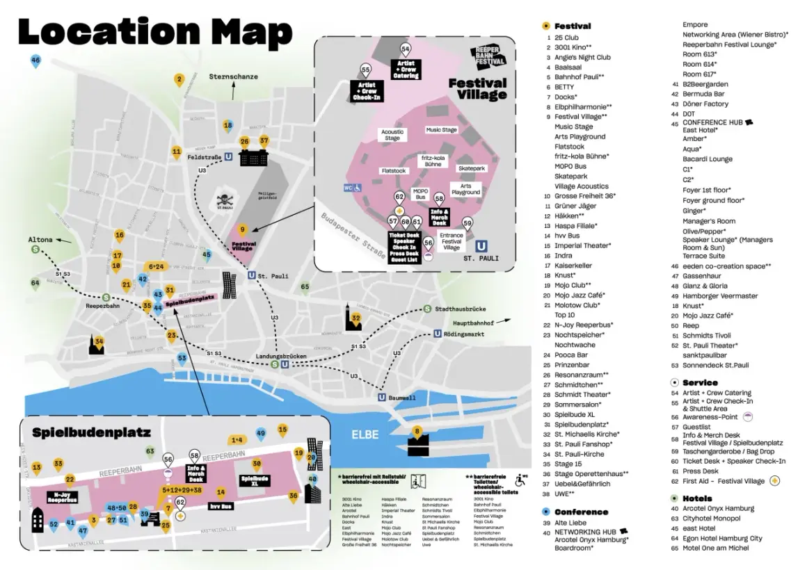 Karte des Reeperbahn Festivals mit Spielbudenplatz, Festival Village und vielen Locations.
