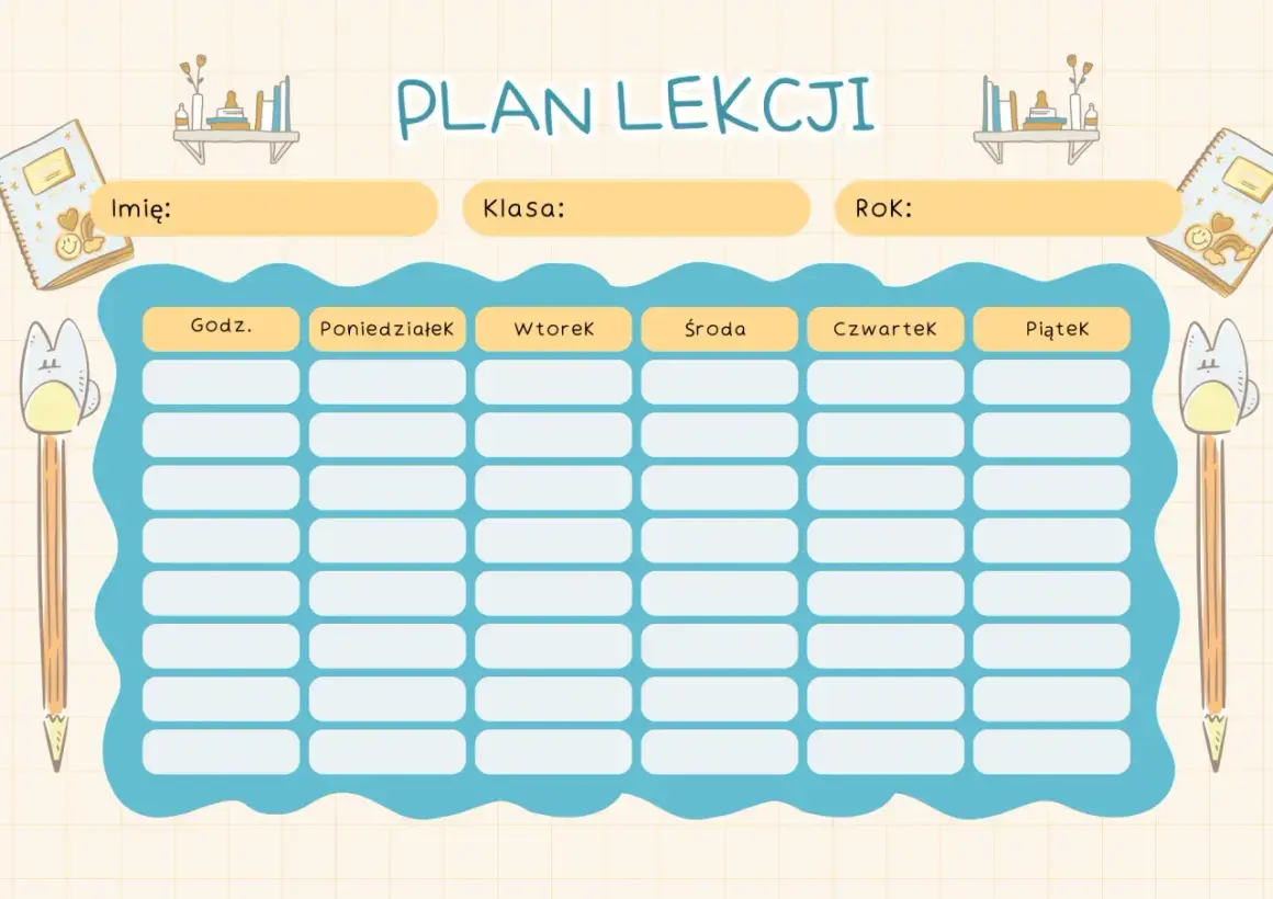 Uroczy plan lekcji dla klasy 4. Zeszyty, ołówki i półki z książkami dodają mu szkolnego charakteru.