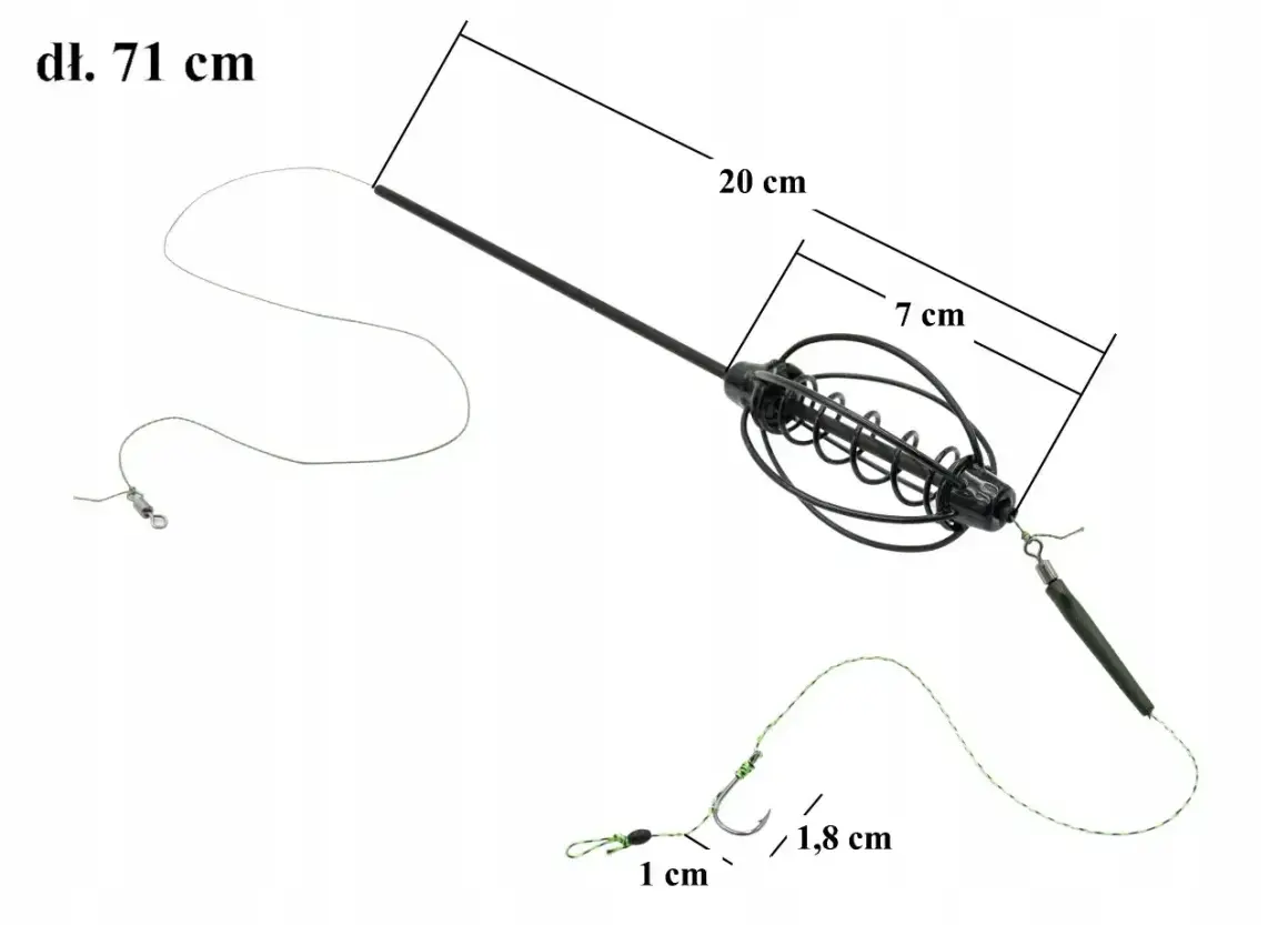 Akcesoria do łowienia na grunt: koszyczek zanętowy, żyłka, haczyk. Długość 71 cm.