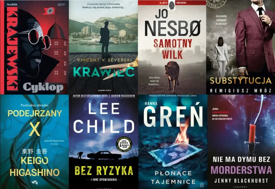 Kolekcja najlepszych polskich książek kryminalnych: "Cyklop", "Krawiec", "Samotny Wilk", "Substytucja", "Podejrzany X", "Bez ryzyka", "Płonące tajemnice", "Nie ma dymu bez morderstwa".