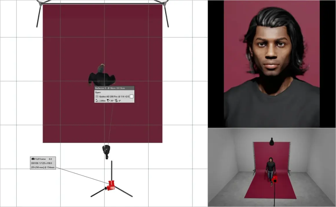 A 3D render shows a studio setup with a person walking towards a red backdrop. Broad lighting illuminates the scene, with camera settings displayed.