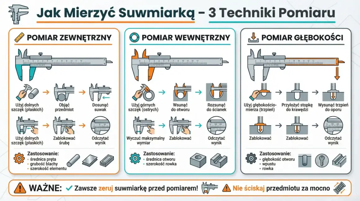 Ilustracja pokazuje, jak mierzyć suwmiarką: pomiar zewnętrzny, wewnętrzny i głębokości. Pokazuje kroki i zastosowania.