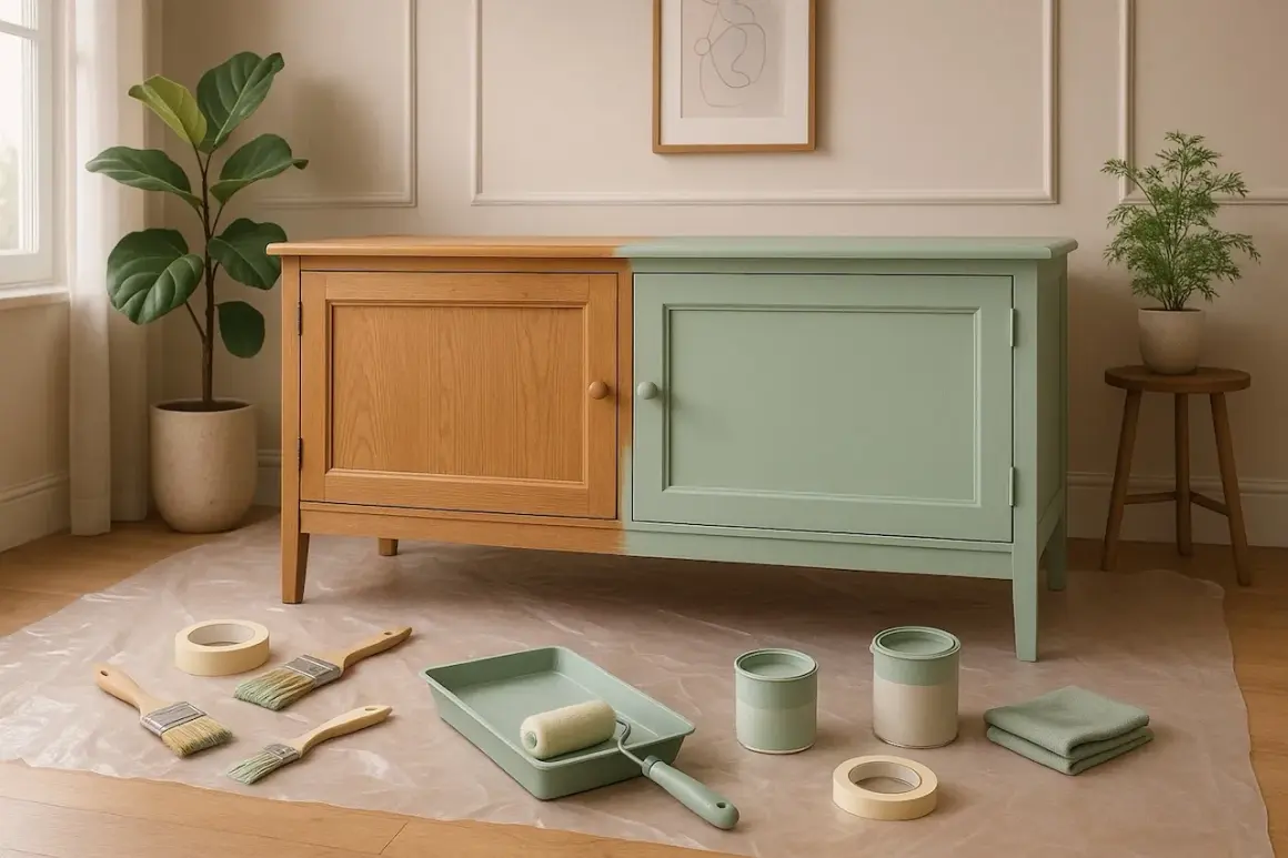 Buffet en bois, moitié peint en vert pastel, entouré d'outils de peinture. Une touche de deco avec bois.
