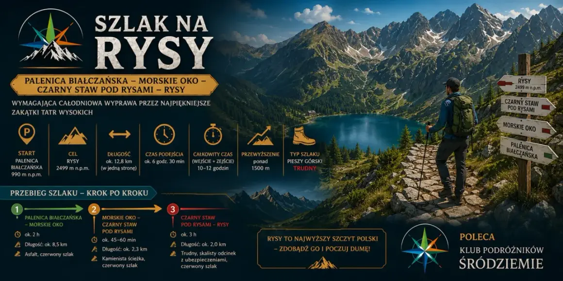 Wędrówka na Rysy od strony polskiej: szlak przez Morskie Oko i Czarny Staw. Trudna, całodniowa wyprawa.