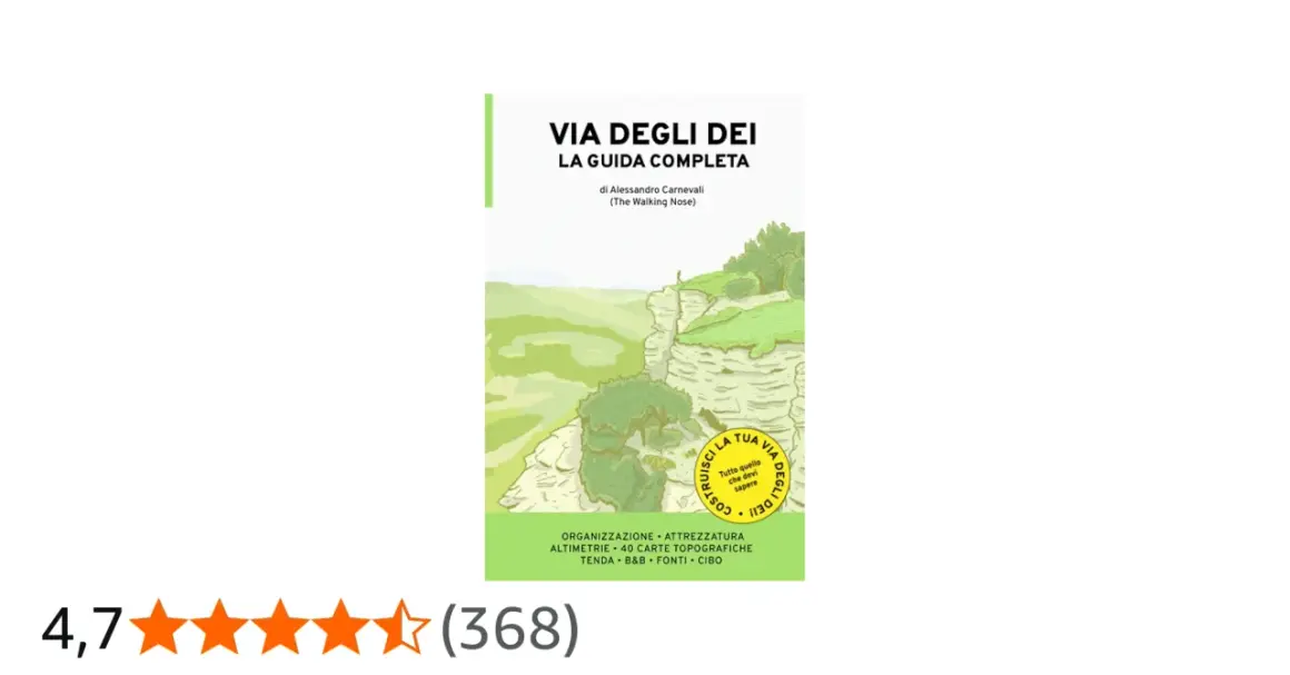 Copertina della guida "Via degli Dei", con un paesaggio montuoso e un escursionista solitario. Perfetta per pianificare il tuo cammino.