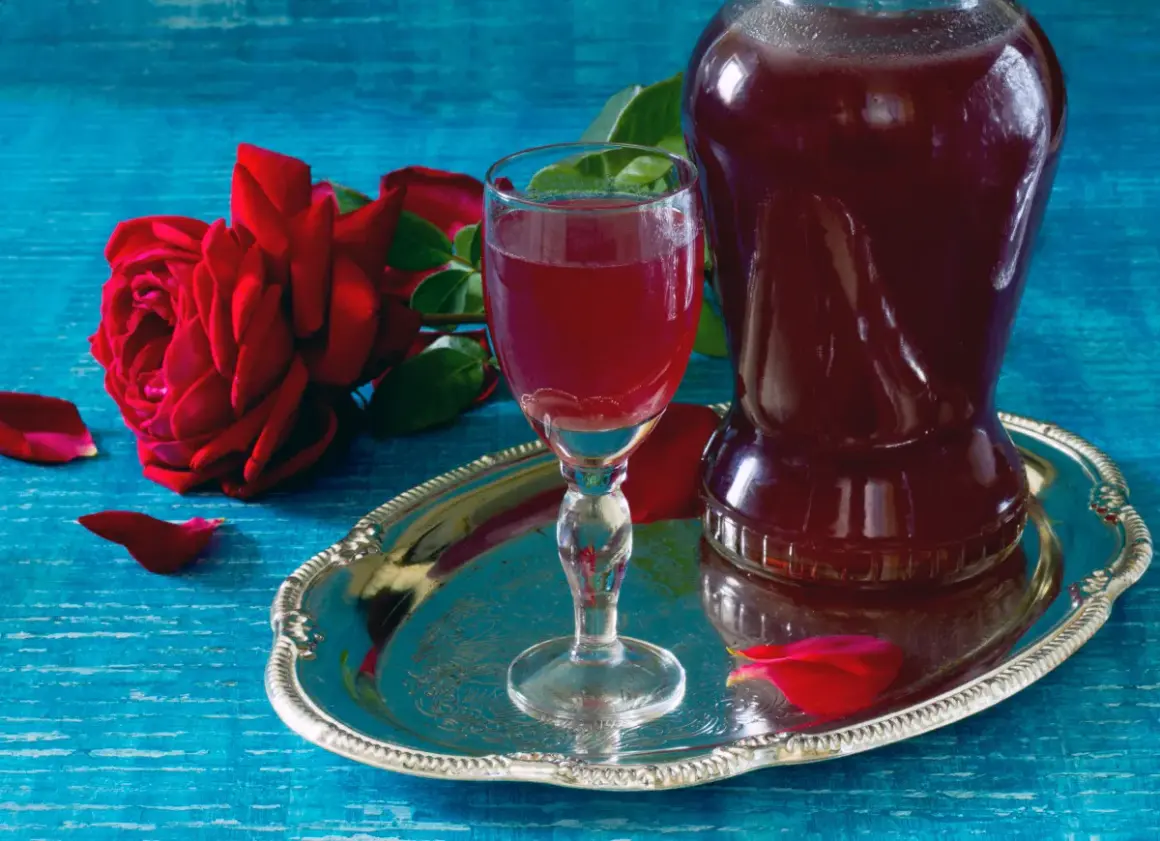 Aromatic nalewka z płatków róży w kieliszku i karafce, obok czerwona róża i płatki na srebrnej tacy.