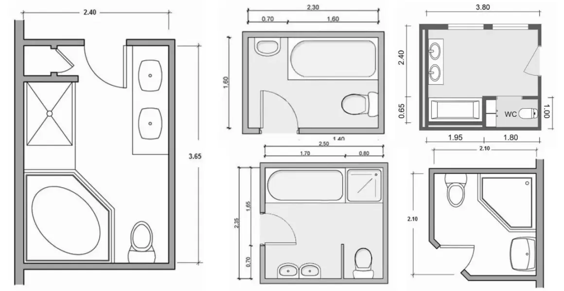 Plans d'aménagement salle de bain : douches, baignoires, lavabos et WC représentés avec leurs dimensions pour optimiser l'espace.