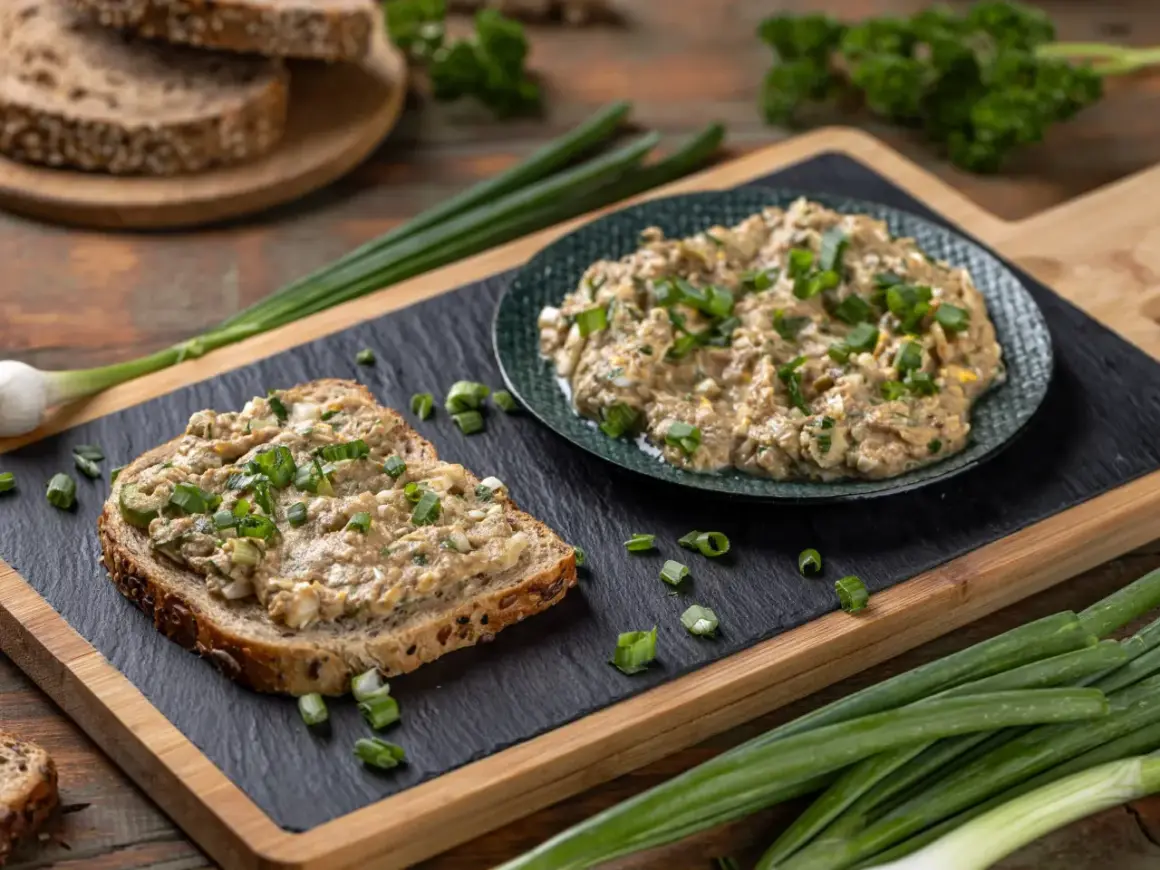 Pyszna pasta z tuńczyka na kromce ciemnego chleba, posypana szczypiorkiem. Obok talerz z pastą i świeże dymki.