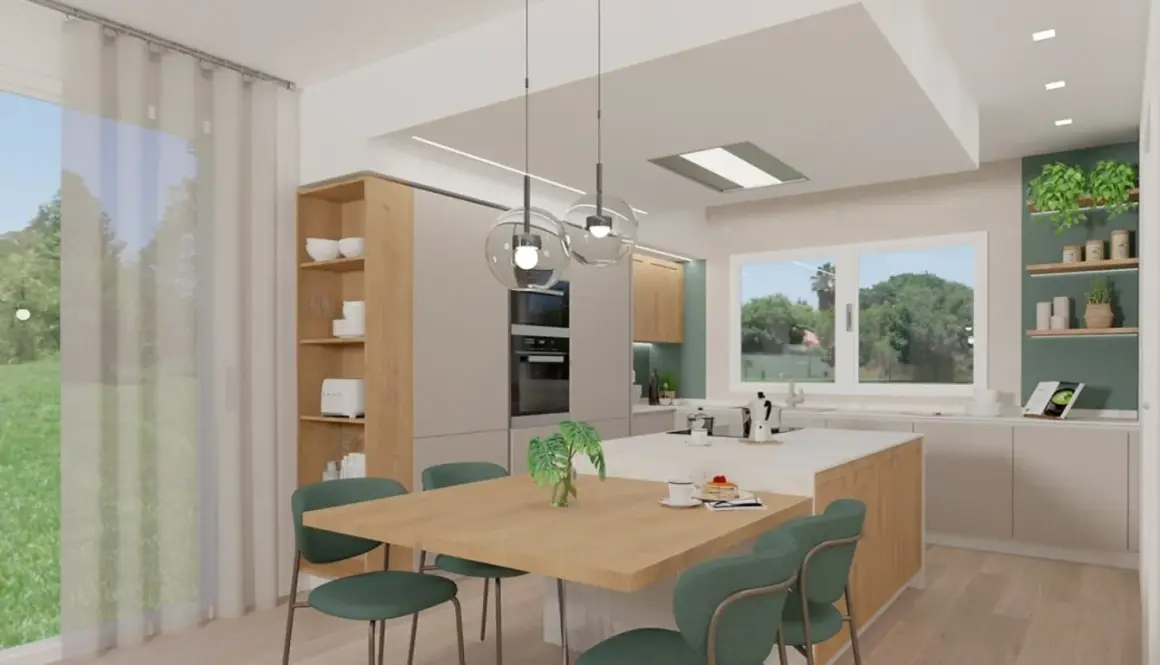 Cucina moderna con isola centrale, tavola in legno e sedie verdi. L'ambiente è dominato da **colori neutri** e finiture naturali, con un tocco di verde dalle piante.