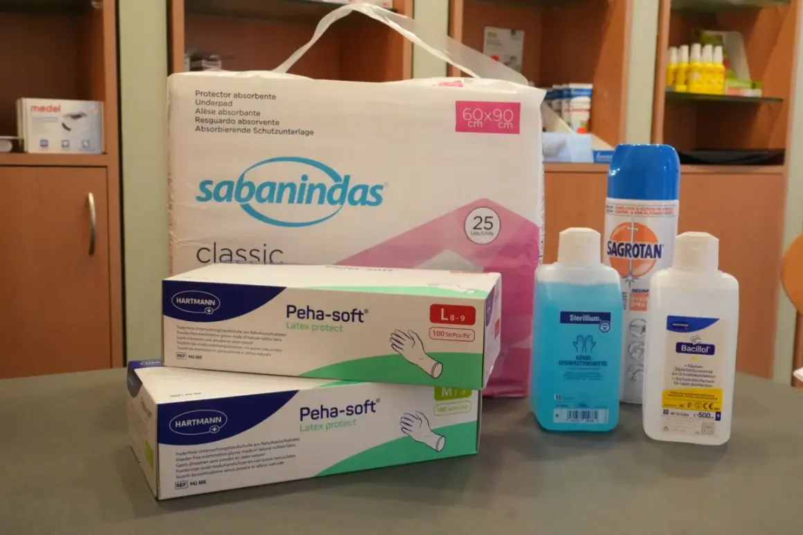 Pflegehilfsmittel Liste: Ein Paket Einlagen, zwei Schachteln Latex-Handschuhe, Desinfektionsmittel und ein Spray.