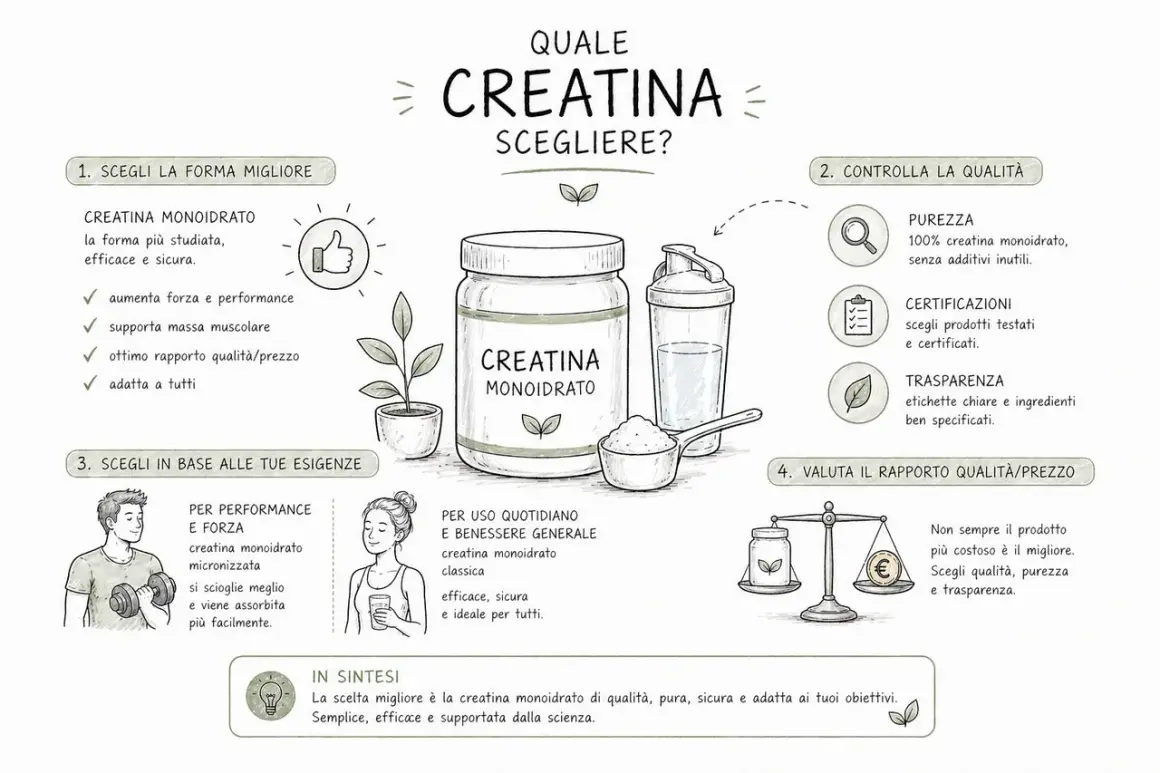 Guida su quale creatina scegliere: la creatina monoidrato è la forma più studiata, pura e sicura.