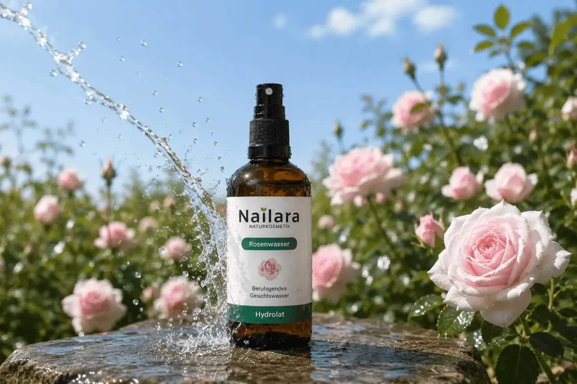 Erfrischendes Rosenwasser von Nailara, umgeben von zarten Rosen. Die beruhigende rosenhydrolat wirkung für Ihre Haut.