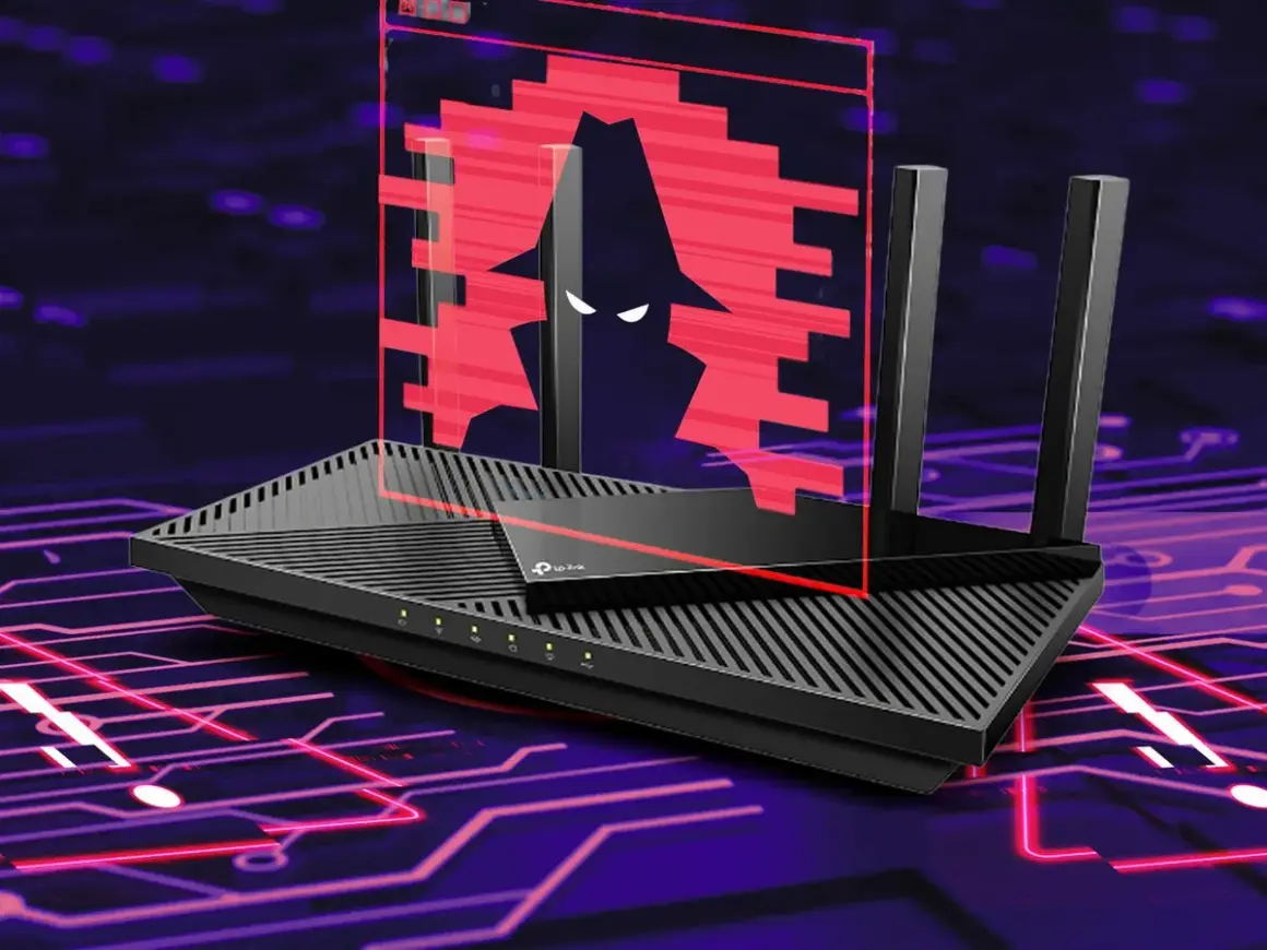 Router z groźnym cieniem hakera na ekranie. Czy wifi jest szkodliwe? Obraz sugeruje zagrożenie bezpieczeństwa danych.