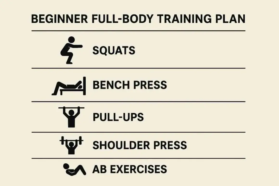 Ein Trainingsplan für das Fitnessstudio: Kniebeugen, Bankdrücken, Klimmzüge, Schulterdrücken und Bauchübungen.