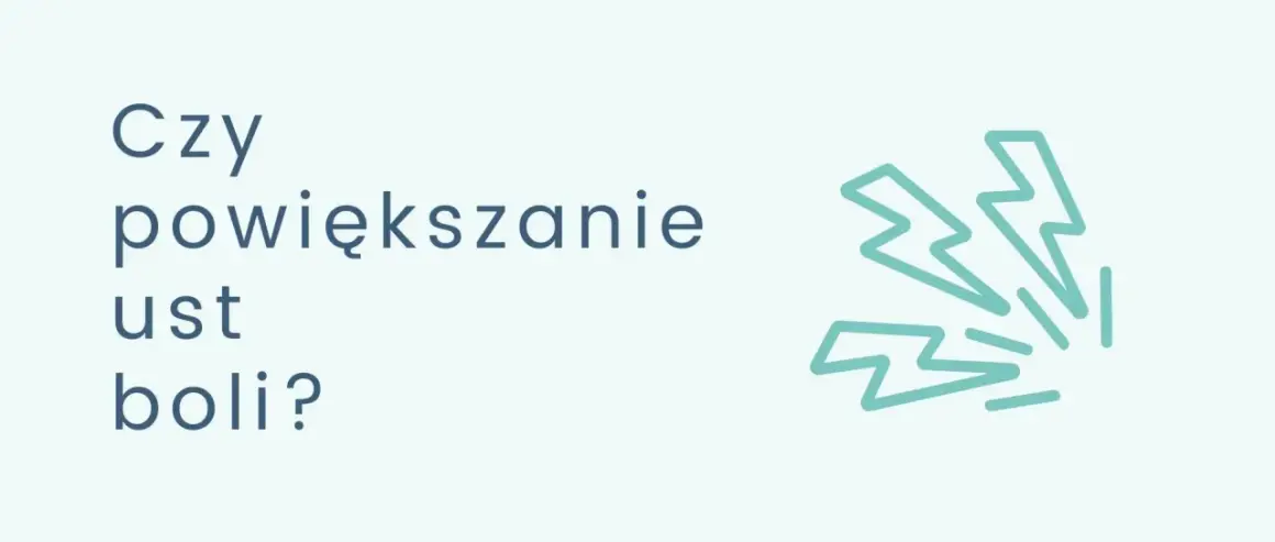 Niebieski tekst "Czy powiększanie ust boli?" obok grafiki błyskawic.