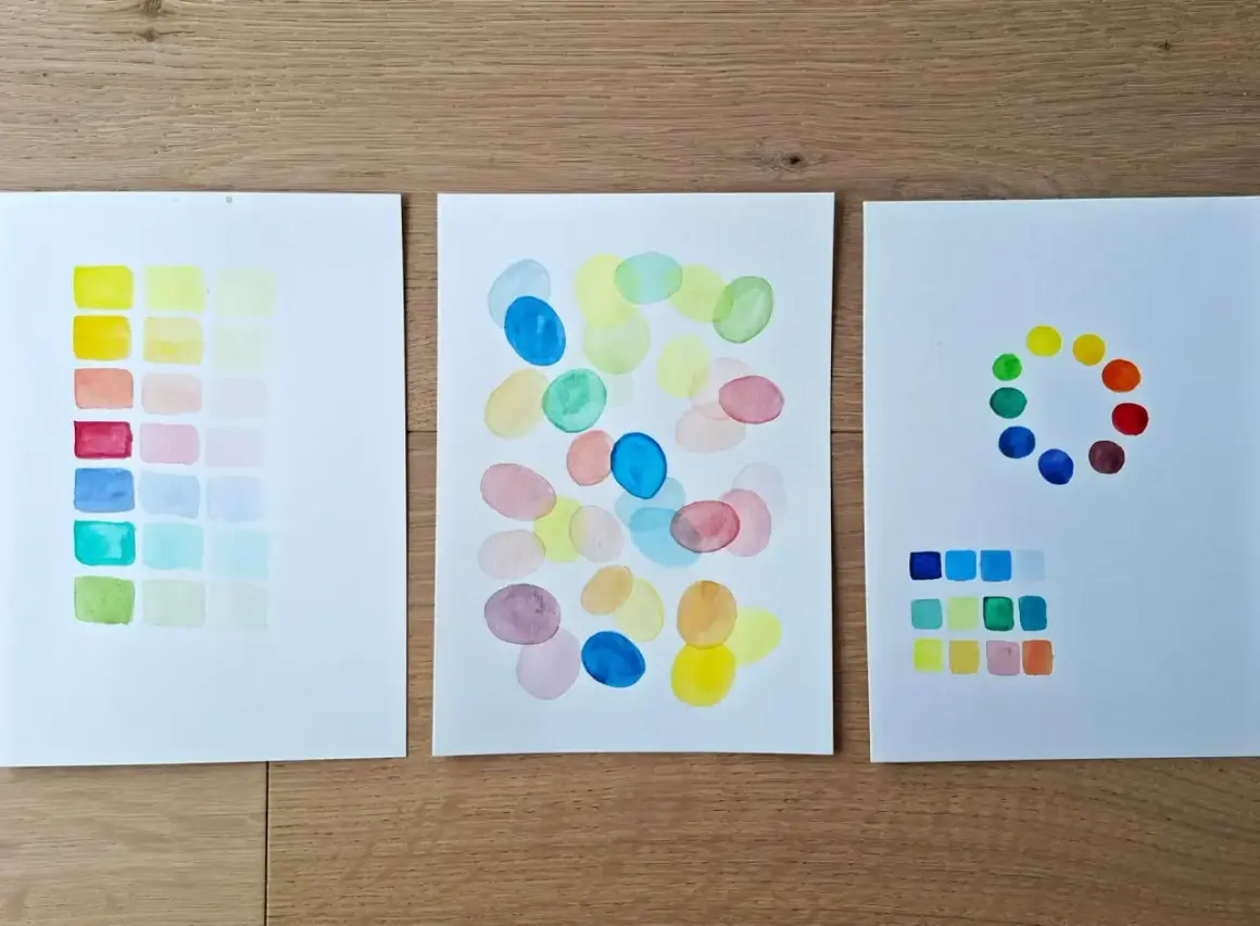 Trois feuilles présentent des études de couleurs à l'aquarelle, explorant comment disposer les couleurs de peinture dans une pièce.