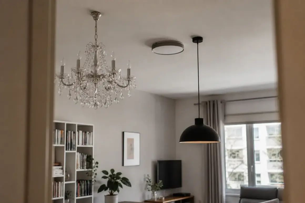 Elegancki żyrandol i nowoczesna lampa wisząca plafon tworzą kontrast w salonie.