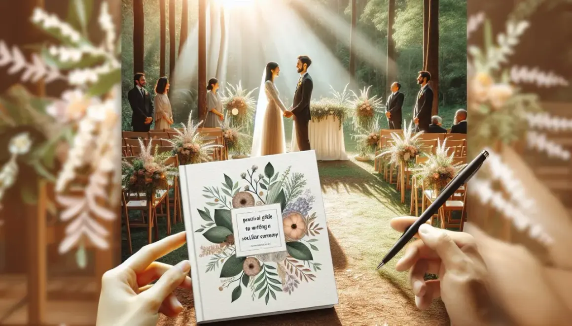 Un guide pour écrire un discours officiant mariage, avec un couple se tenant la main devant un autel en forêt.