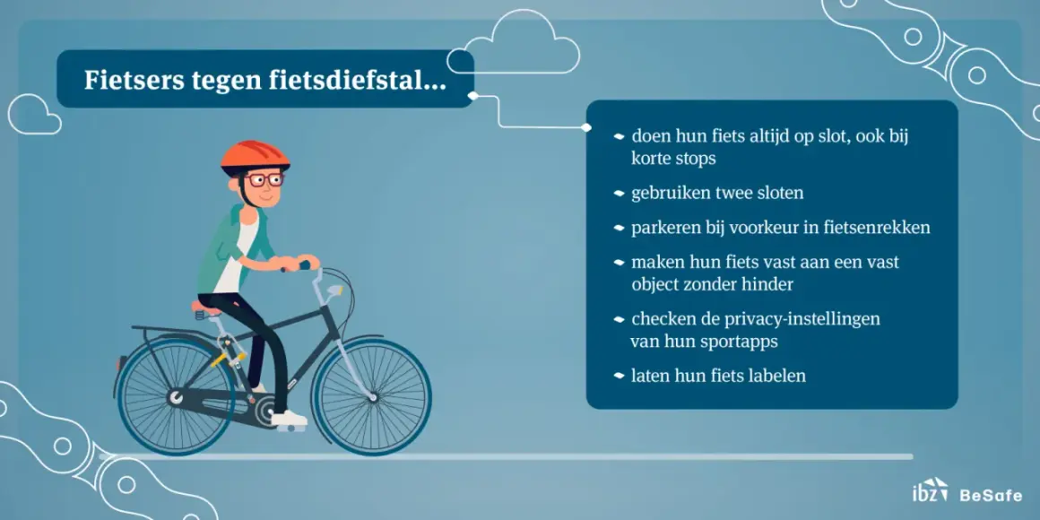 Een fietser met helm en bril rijdt op een fiets. Tips om fietsendiefstal te voorkomen: fiets altijd op slot, gebruik twee sloten, parkeer in fietsenrekken, maak de fiets vast aan een object, check privacy-instellingen en laat de fiets labelen.