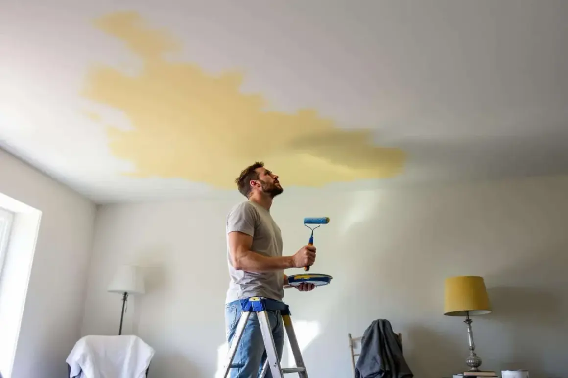 Un homme sur une échelle regarde une tache de peinture qui jaunit au plafond, prêt à la recouvrir.