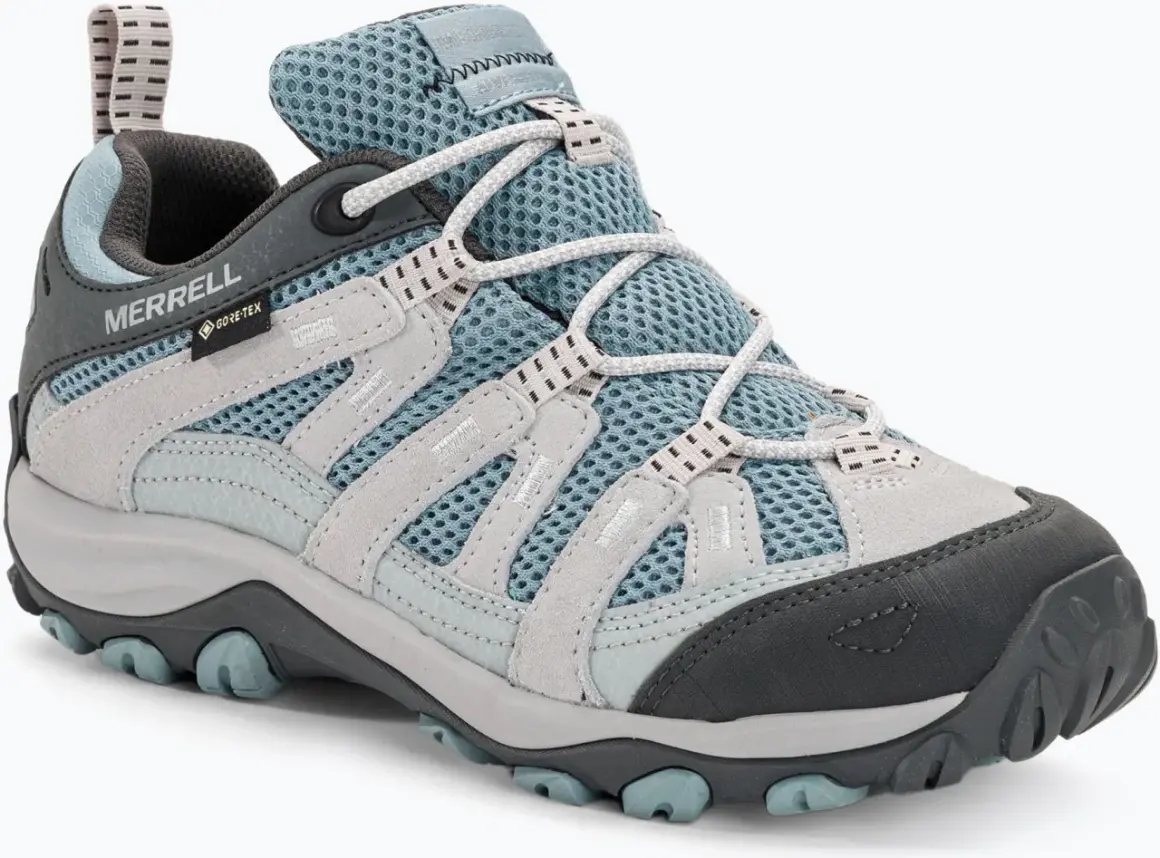 Niebiesko-szare buty trekkingowe Merrell Alverstone GTX z membraną Gore-Tex, idealne na górskie wędrówki.
