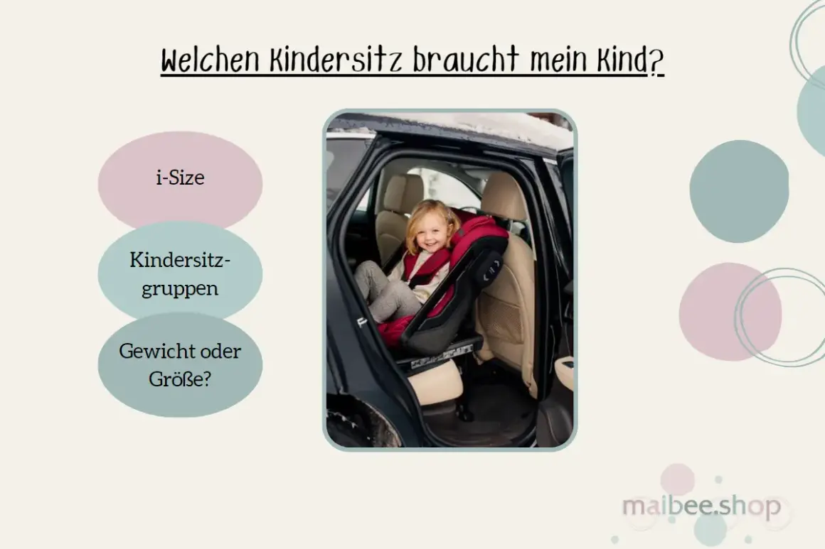 Ein fröhliches Kind sitzt in einem roten Kindersitz im Auto. Die Frage "wie alt darf ein Kindersitz sein?" wird durch i-Size, Gruppen und Gewicht/Größe beantwortet.