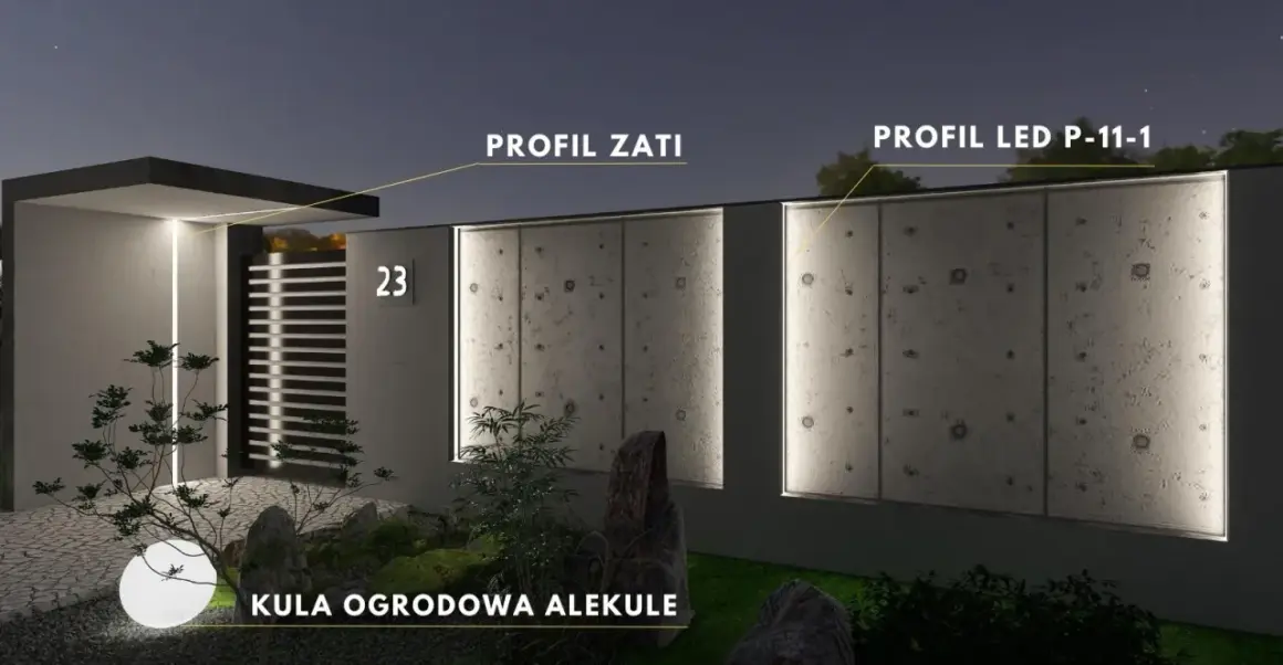 Nowoczesne oświetlenie ogrodzenia z profilami LED i kulą ogrodową tworzy nastrojową atmosferę.
