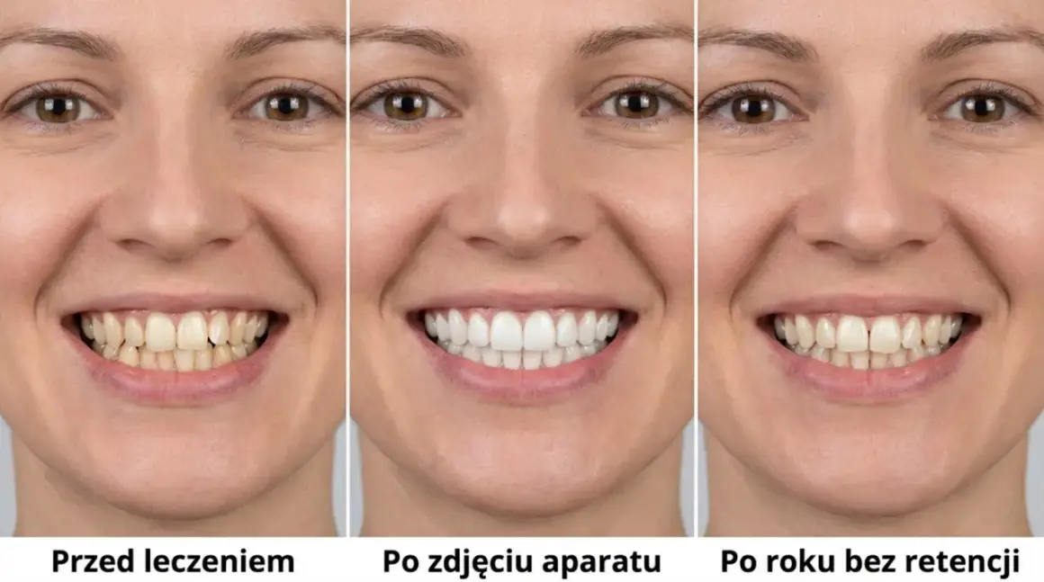 Uśmiech kobiety przed leczeniem, po zdjęciu aparatu i po roku bez retencji. Widać, że drut retencyjny pomógł utrzymać efekt.
