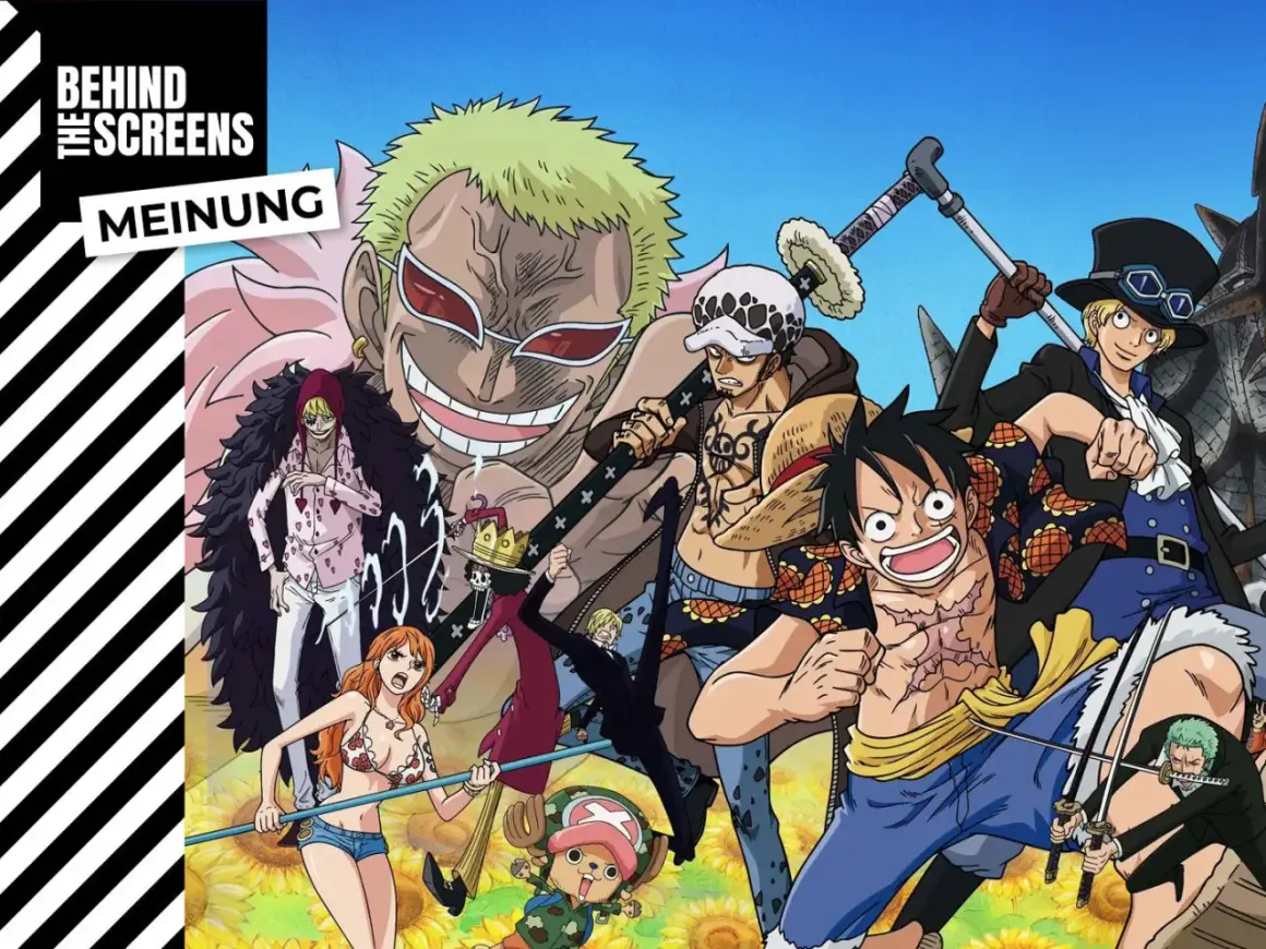 Ein "One Piece"-Pause-Moment mit Luffy, Law, Sabo, Doflamingo und anderen Piraten vor einer Sonnenblumenwiese.