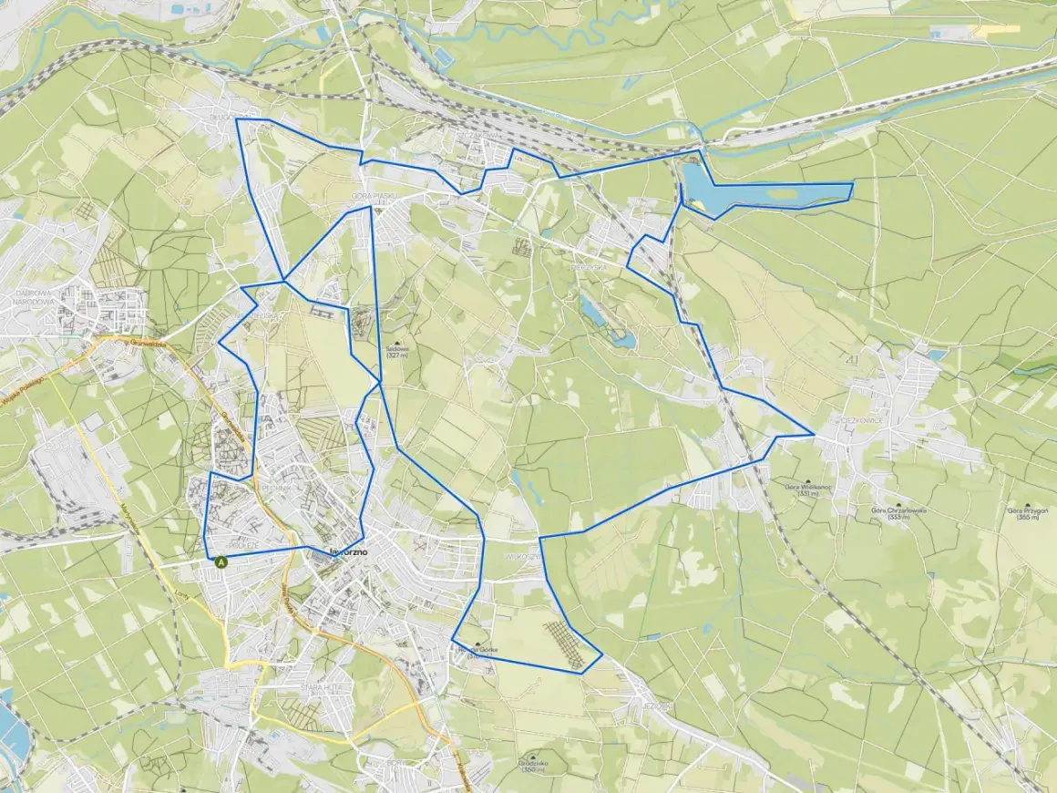 Mapa z zaznaczonymi ścieżkami rowerowymi Jaworzno. Trasa okrąża miasto, prowadząc przez tereny zielone i osiedla.