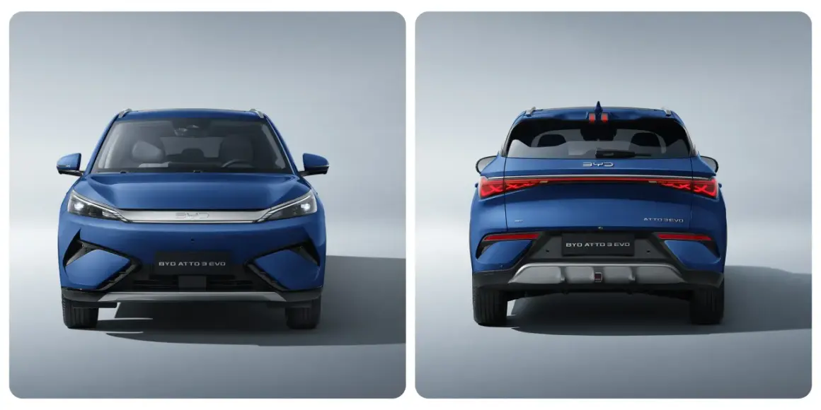Dwa ujęcia niebieskiego BYD ATTO 3 EVO: przód i tył. Elegancki SUV elektryczny gotowy na przygodę.