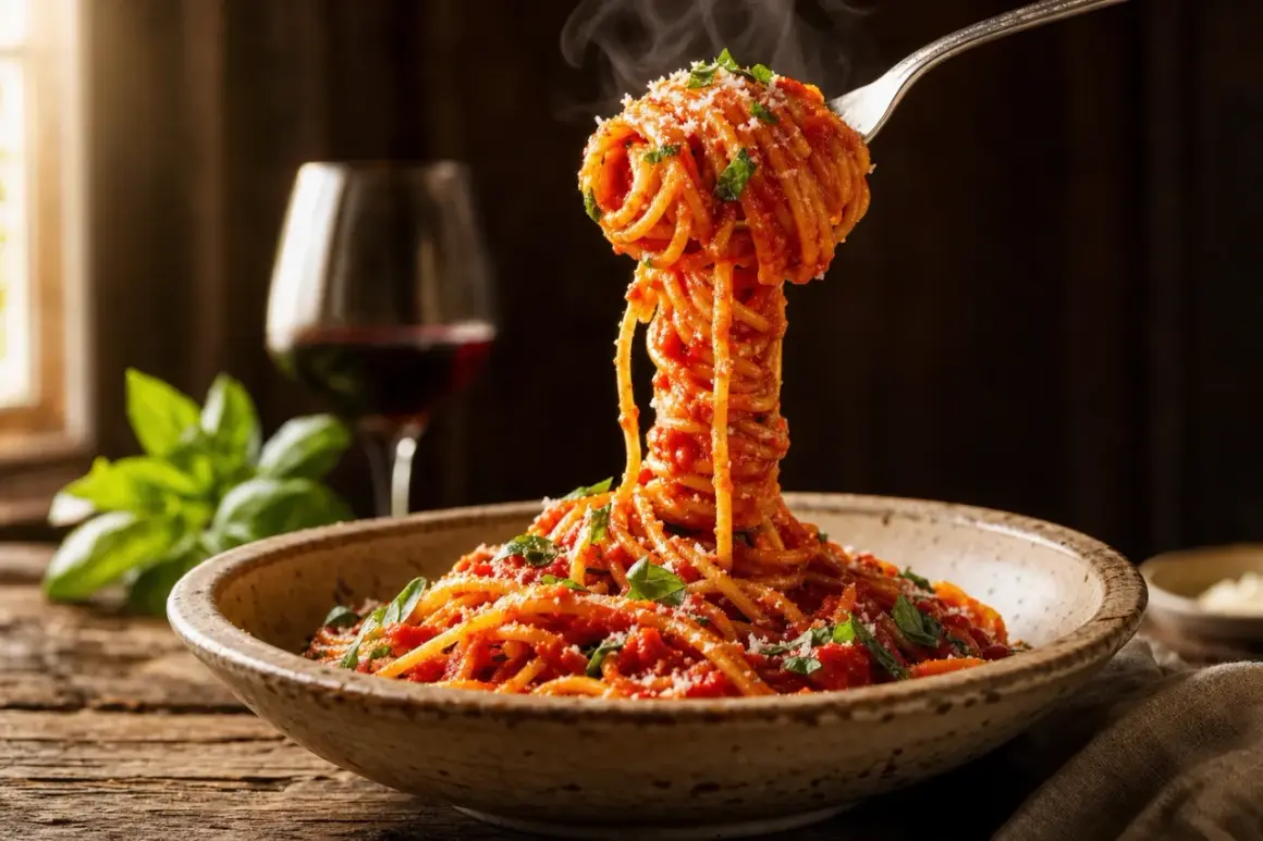 En gaffel lyfter en imponerande hög med ångande spaghetti med tomatsås, perfekt för ett enkelt nudlar recept. Basilika och parmesan toppar pastan.