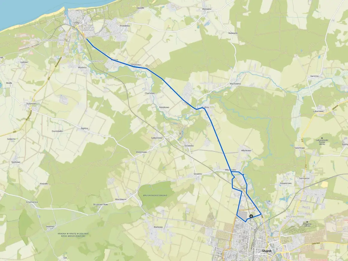 Mapa pokazuje trasy rowerowe Słupsk i okolic, łączące miasto z Ustką i innymi miejscowościami.