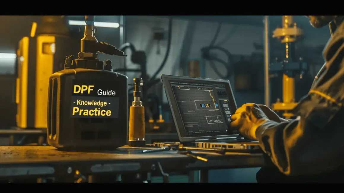 Warsztat z urządzeniem do czyszczenia DPF i mechanikiem pracującym na laptopie. DPF Guide - Wiedza - Praktyka.