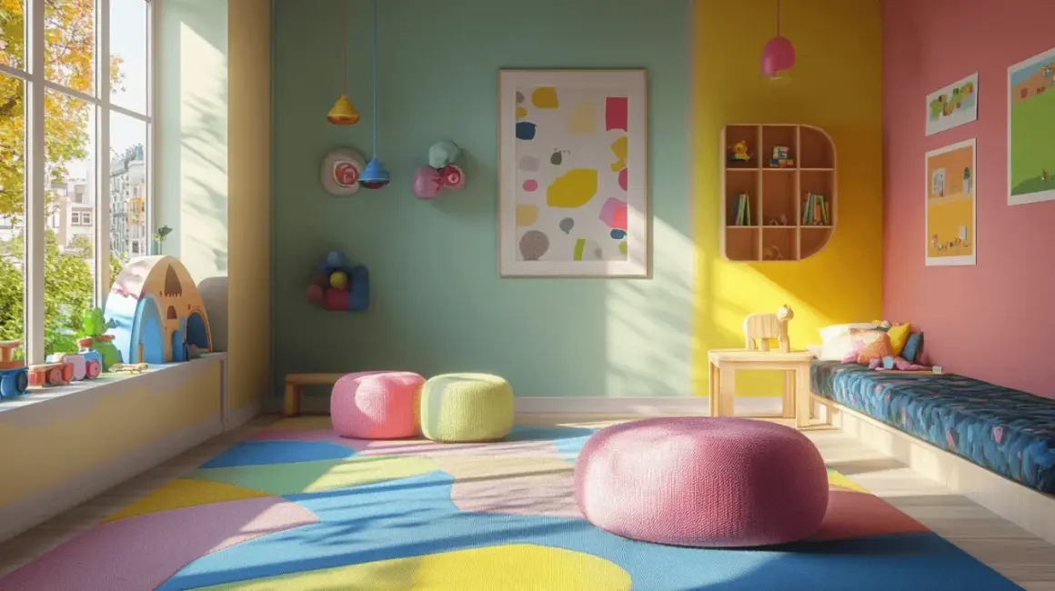 Ein fröhliches Kinderzimmer mit einem bunten **Farbkonzept**. Mintgrün, Gelb und Rosa dominieren, ergänzt durch Spielzeug und eine gemütliche Sitzecke.