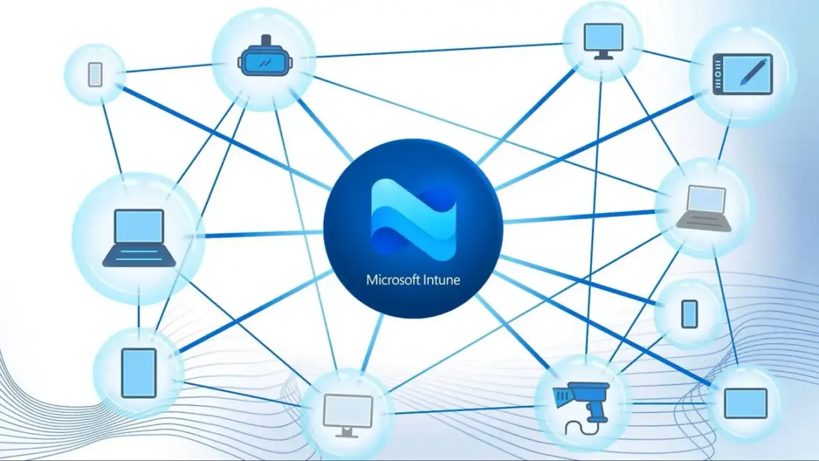 Microsoft Intune łączy urządzenia: laptopy, tablety, telefony, gogle VR i inne, tworząc sieć zarządzania.