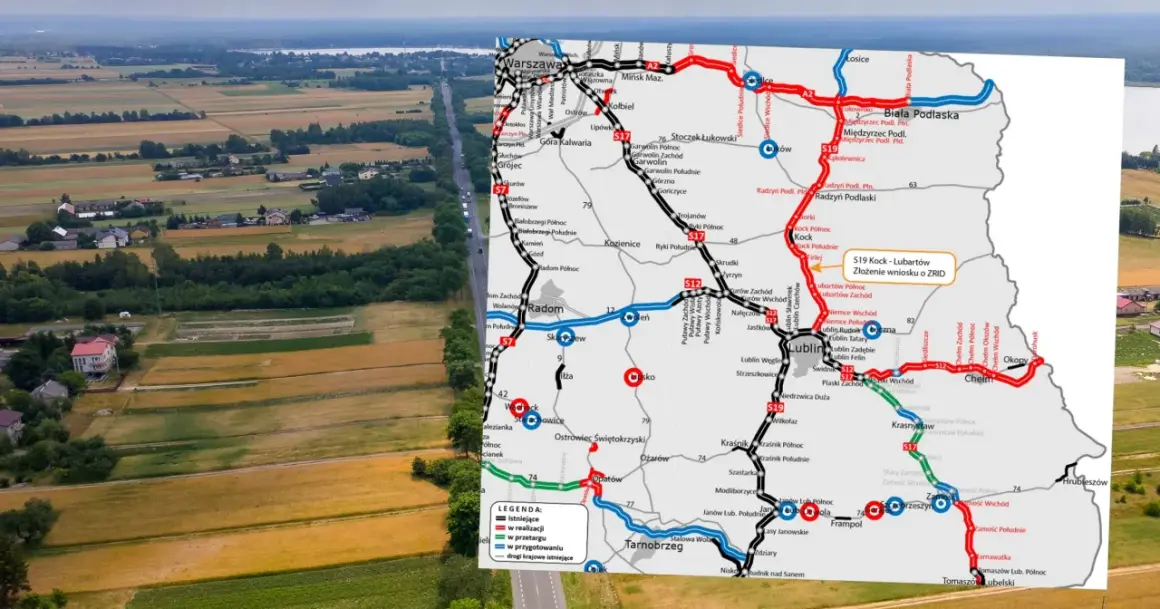 Mapa Polski z zaznaczoną drogą ekspresową S19, pokazującą jej przebieg i status budowy.