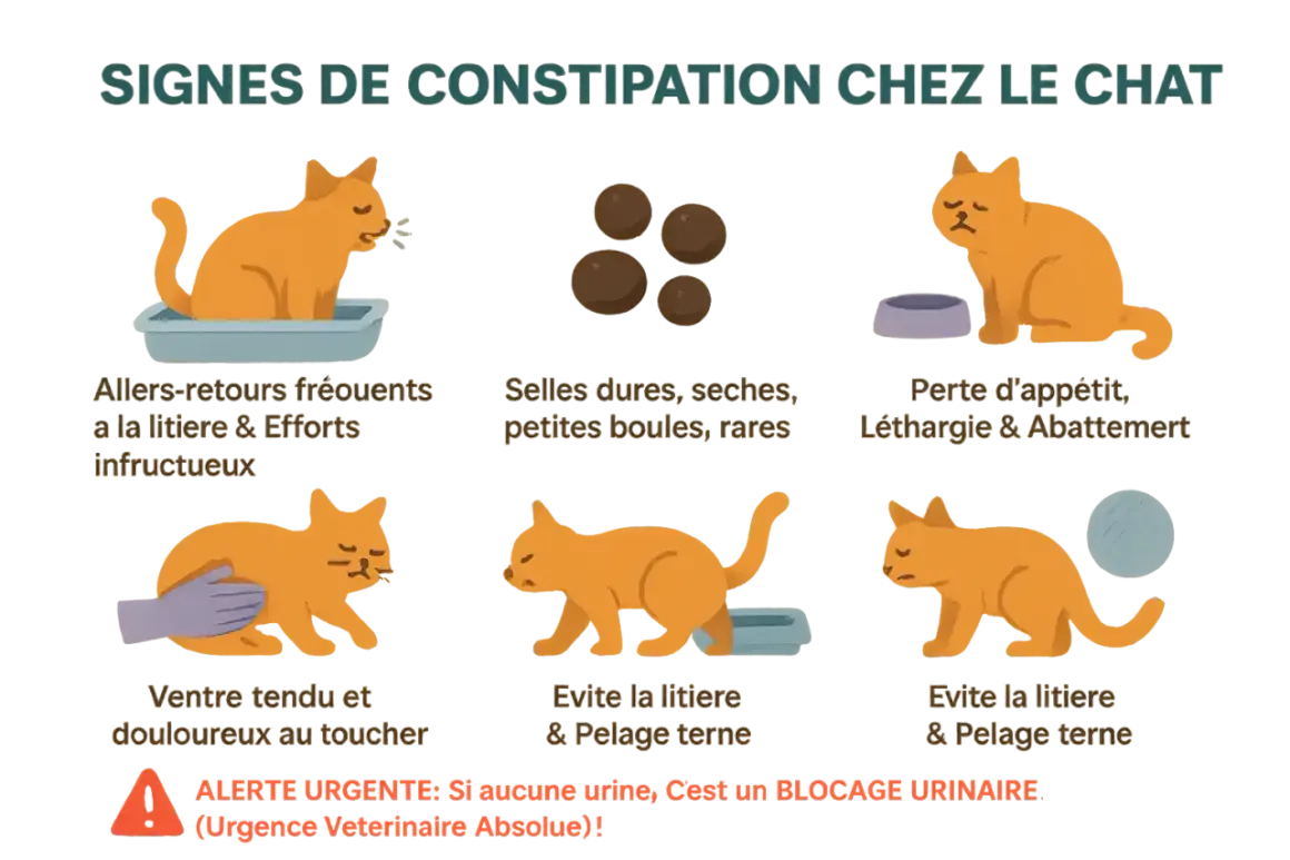 Mon chat ne fait plus caca depuis 4 jours. L'image montre les signes de constipation féline : allers-retours à la litière, selles rares, perte d'appétit, ventre tendu.