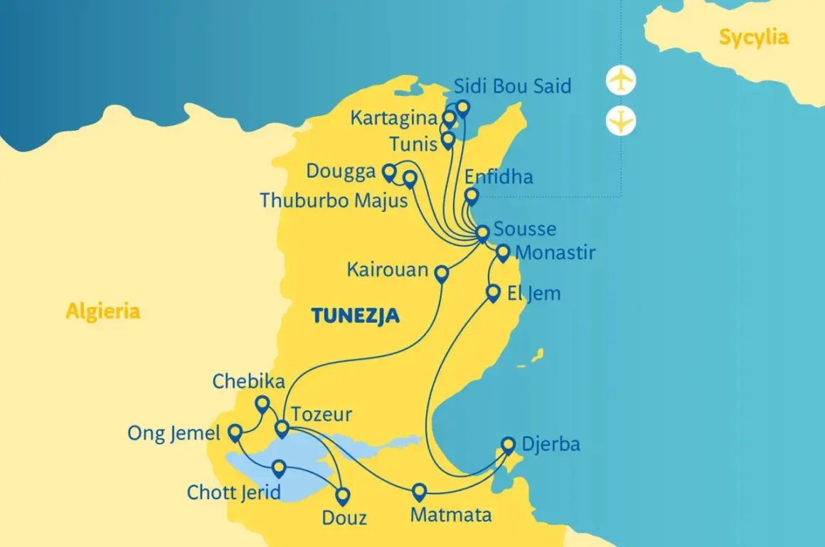 Mapa Tunezji z zaznaczonymi miastami i trasami. Widoczna jest wyspa Djerba, Sycylia i Algieria.