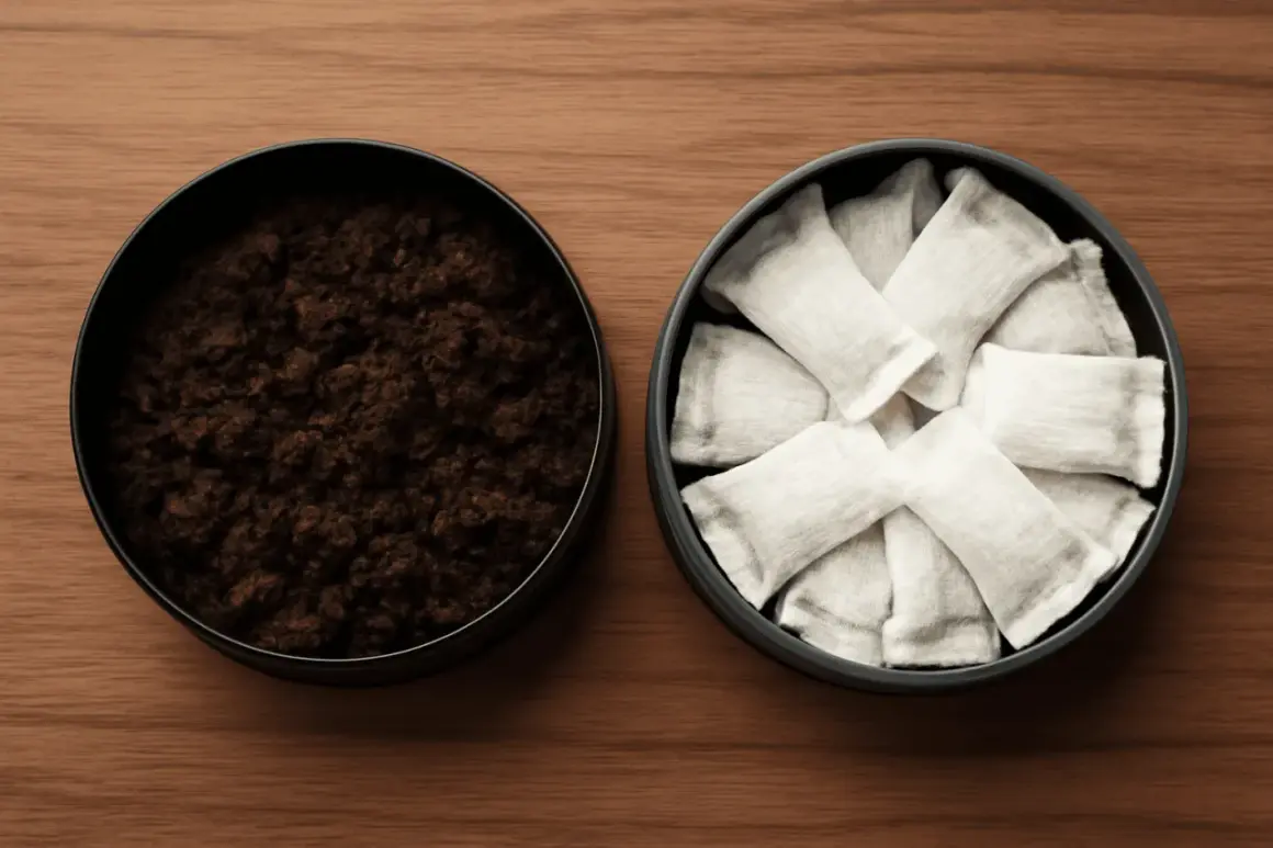 Två dosor på ett träbord: en med lössnus, den andra med portionssnus. Ett alternativ till cigaretter.