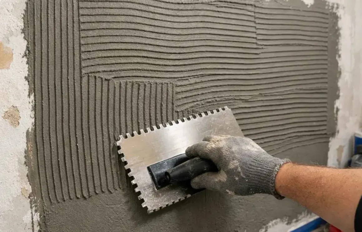 Main tenant, une truelle dentée pour étaler la colle carrelage préparée sur un mur. Les sillons créés par la truelle sont visibles.